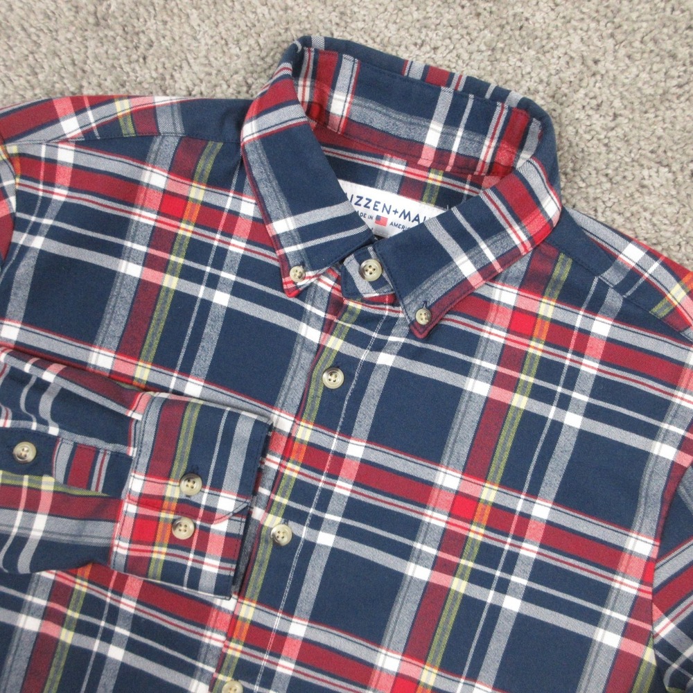 Mizzen + Main Shirt Mens Small‎ Blue Red Plaid Trim Fit Flannel Twill Button Up